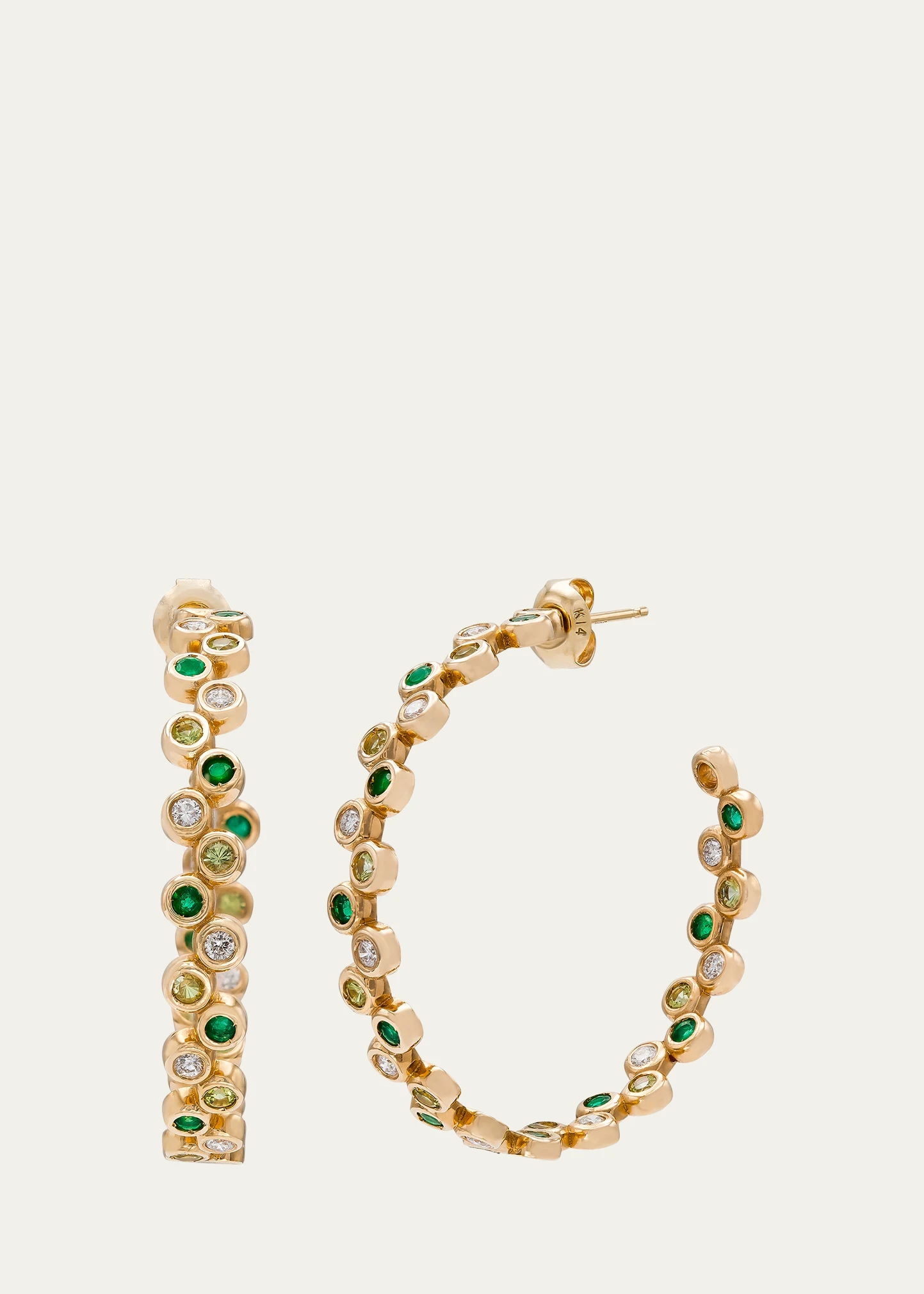 14K Yellow Gold Round Floating Hoop Earrings with Diamonds, Emeralds, and Peridot