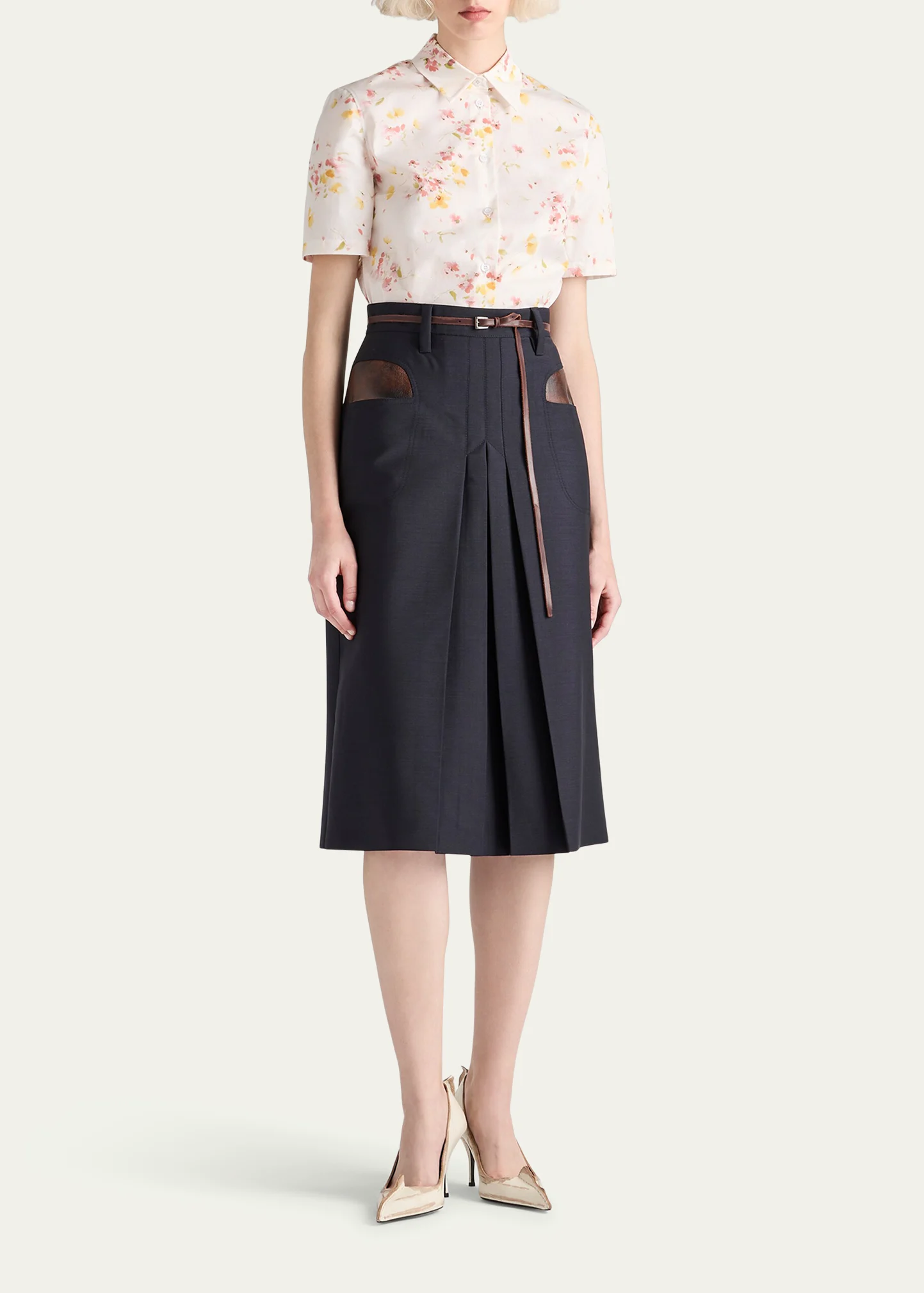 Bouquet Poplin Short-Sleeve Button-Down Blouse