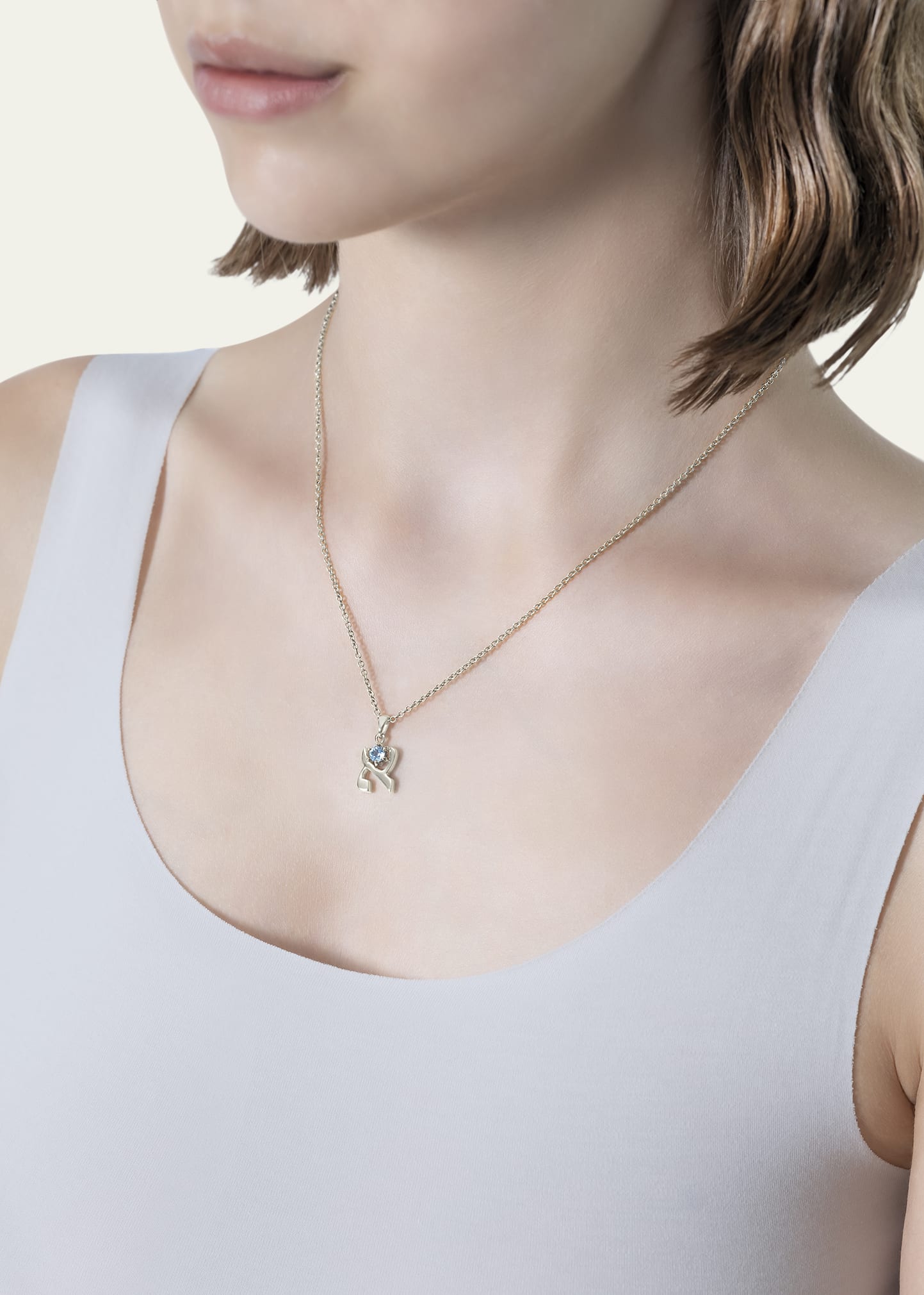 18K Gold Hebrew ALEF Aquamarine Initial Necklace, 18\"L
