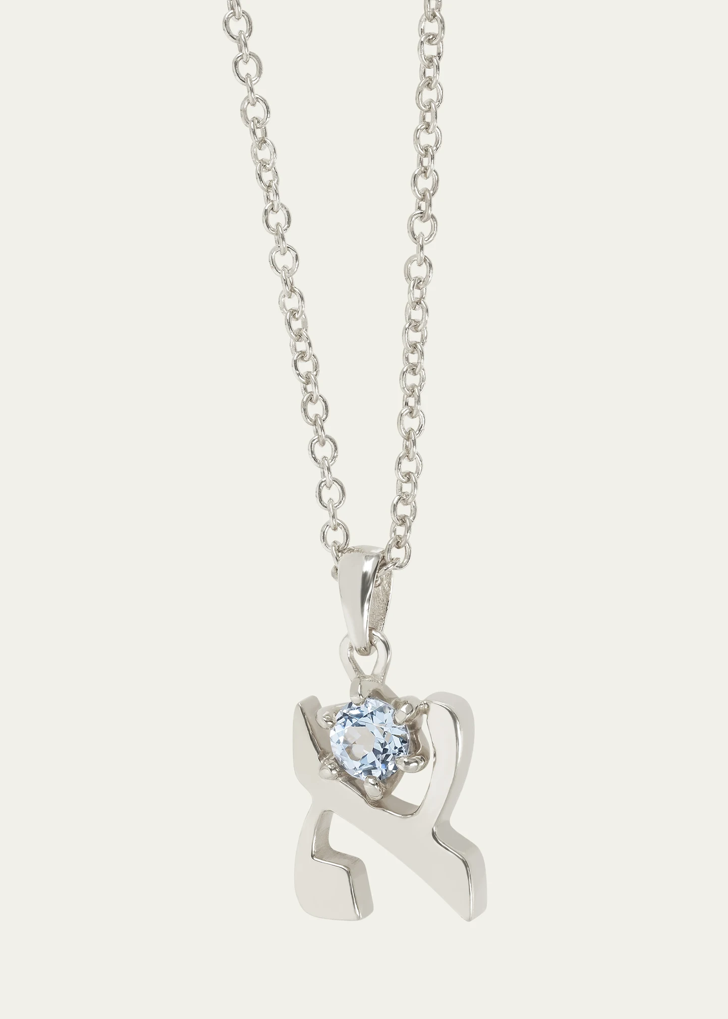18K Gold Hebrew ALEF Aquamarine Initial Necklace, 18\"L