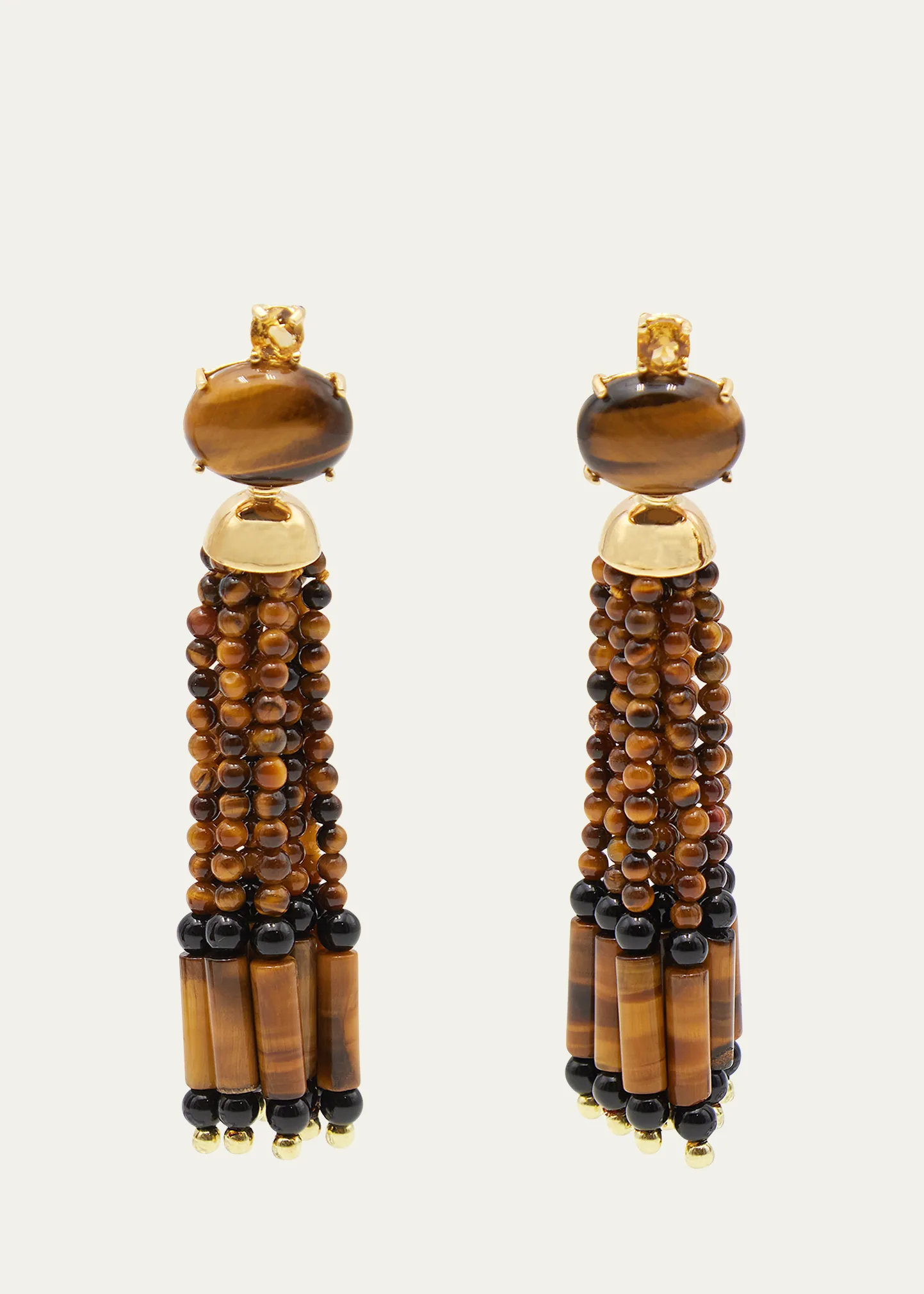 18K Yellow Gold Tassel Drop Earrings with Citrine Quartz, Tigers Eye, and Onyx