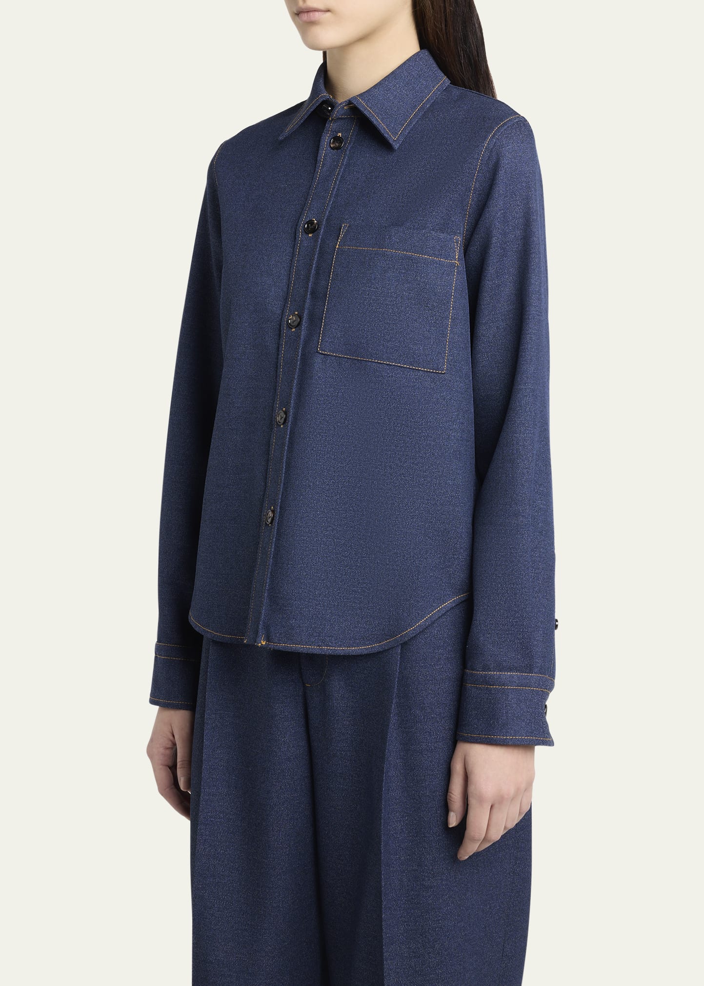 Melange Wool Cotton Drill Button-Down Shirt