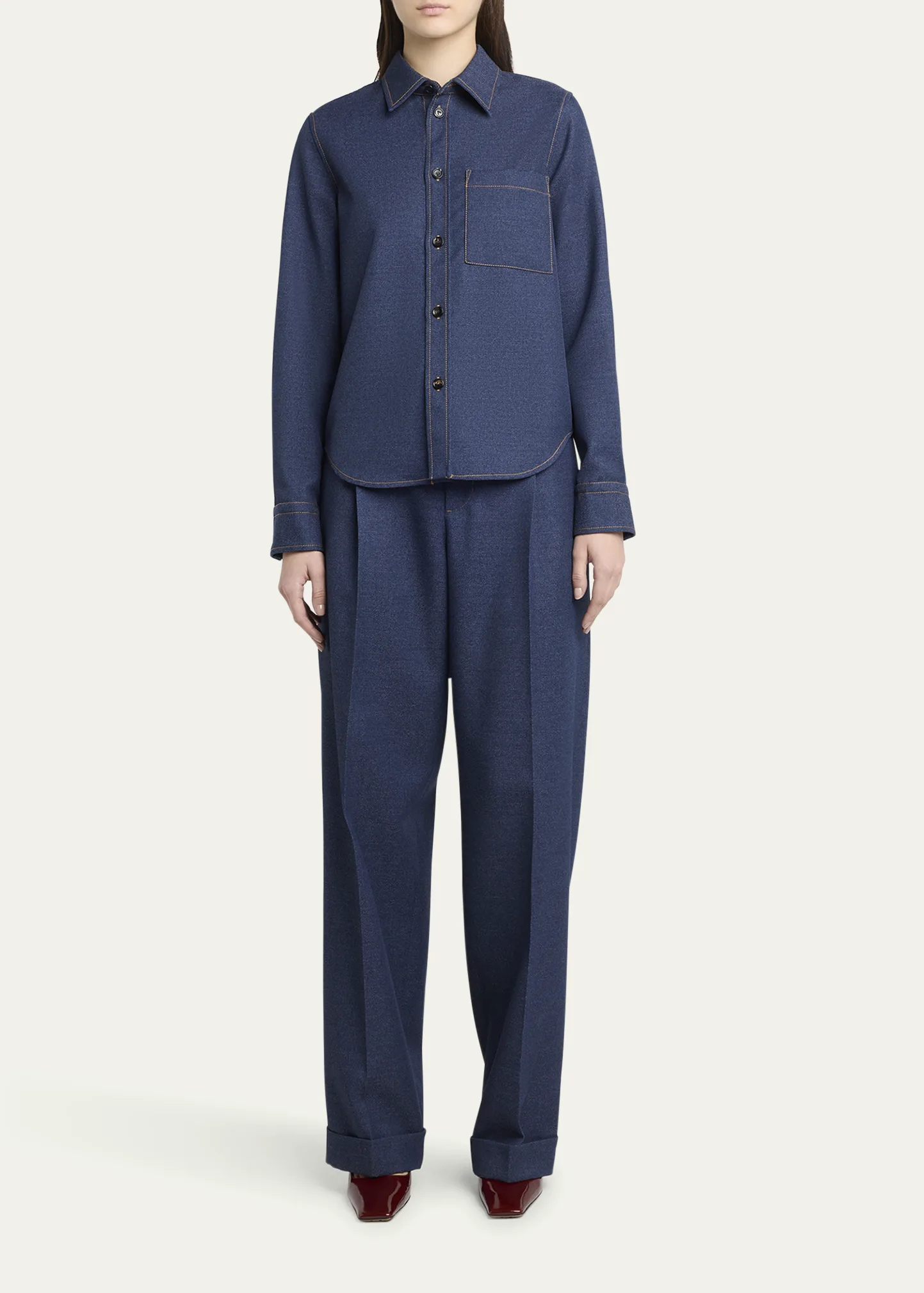 Melange Wool Cotton Drill Button-Down Shirt