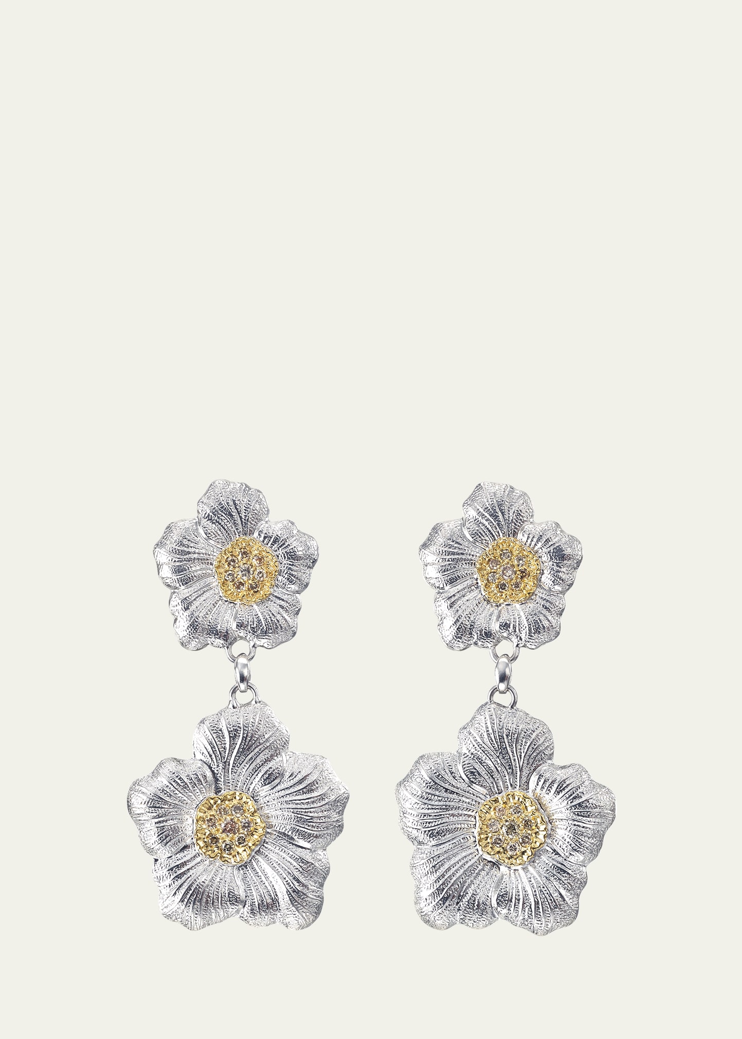 Blossoms Gardenia Silver, Gold and Brown Diamond Pendant Earrings