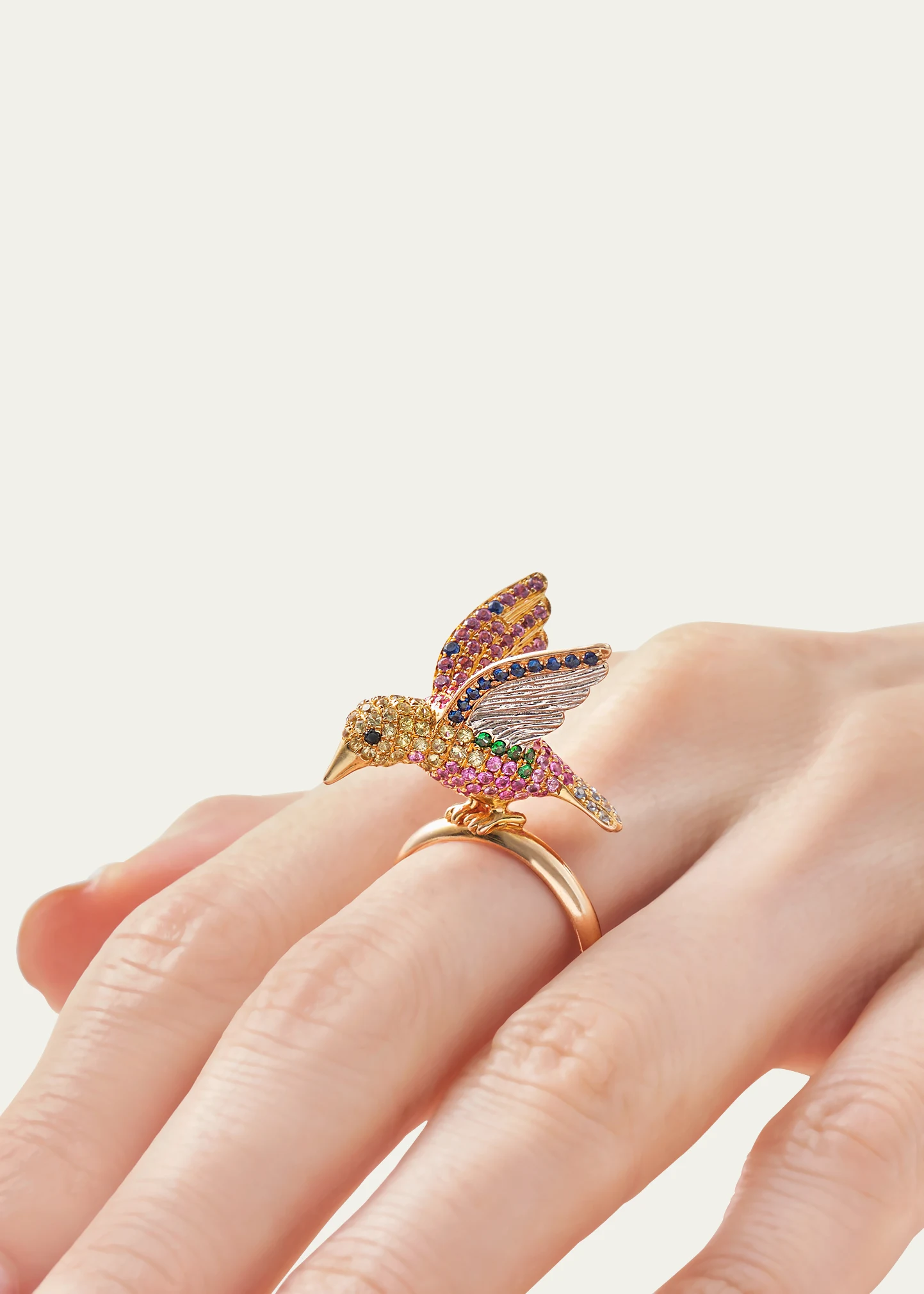 18k Yellow Gold Bird Ring With Multi Colored Sapphire