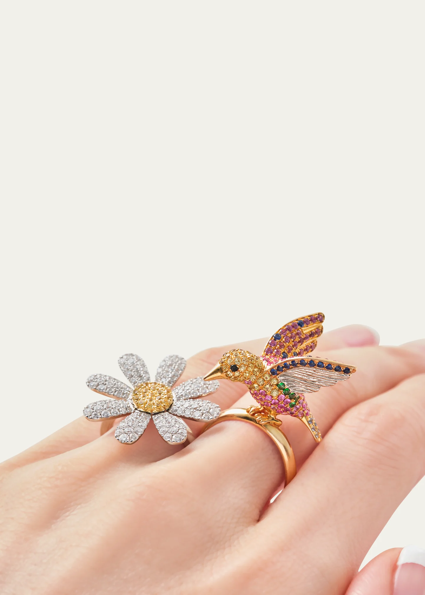 18k Yellow Gold Bird Ring With Multi Colored Sapphire