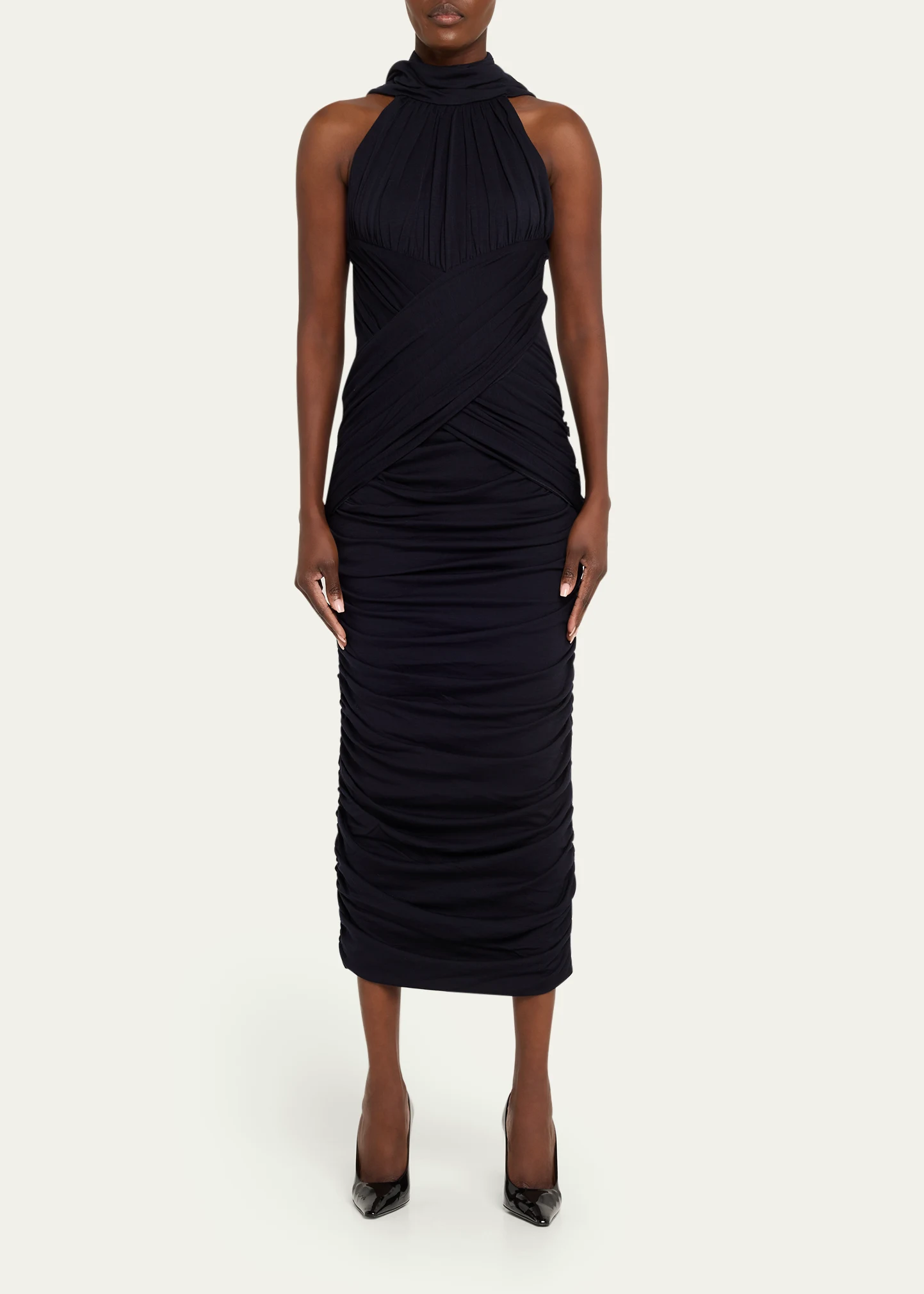 Draped Crisscross Jersey Halter Midi Dress