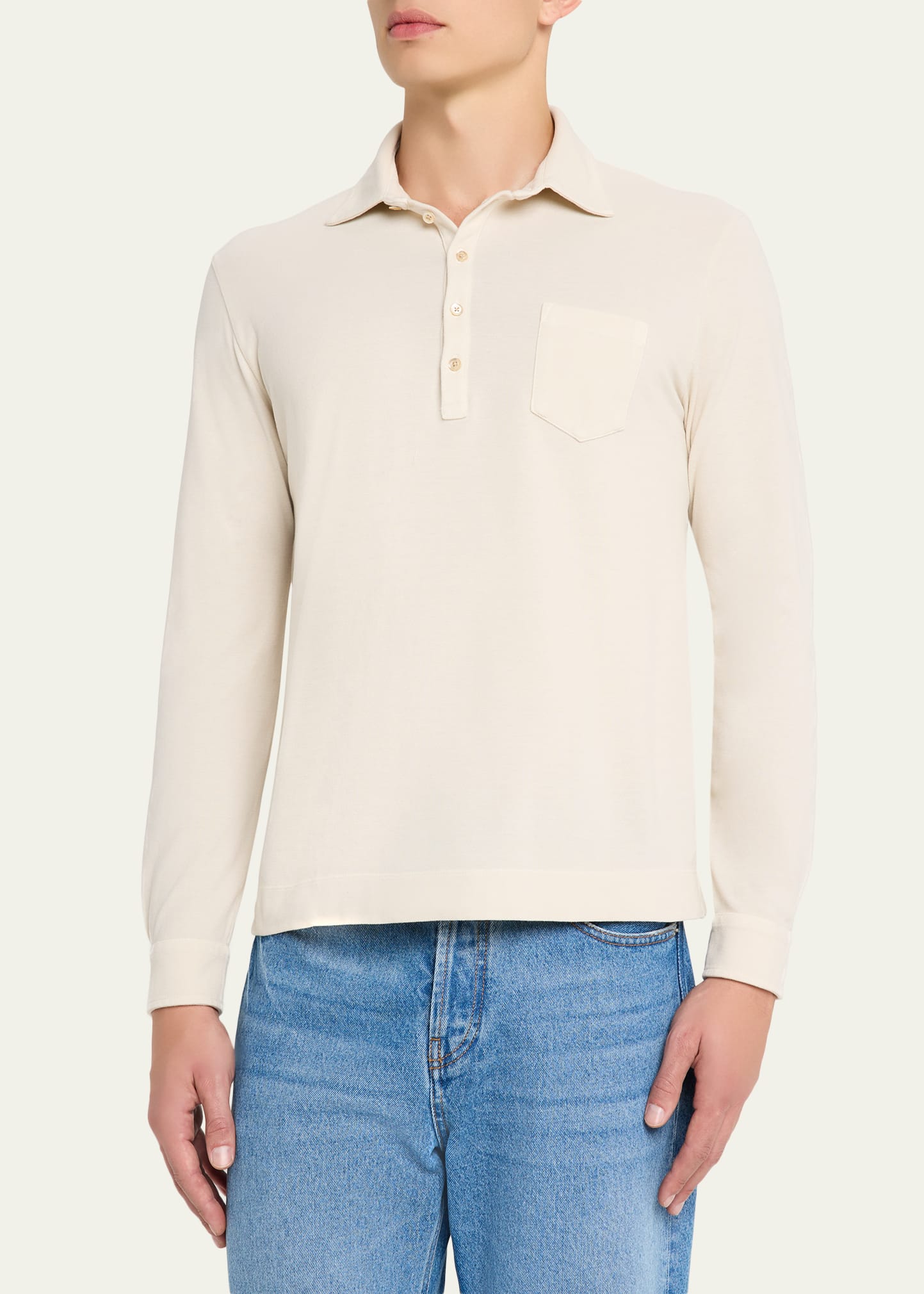 Men's Pique Cotton and Cashmere Long-Sleeve Polo Shirt