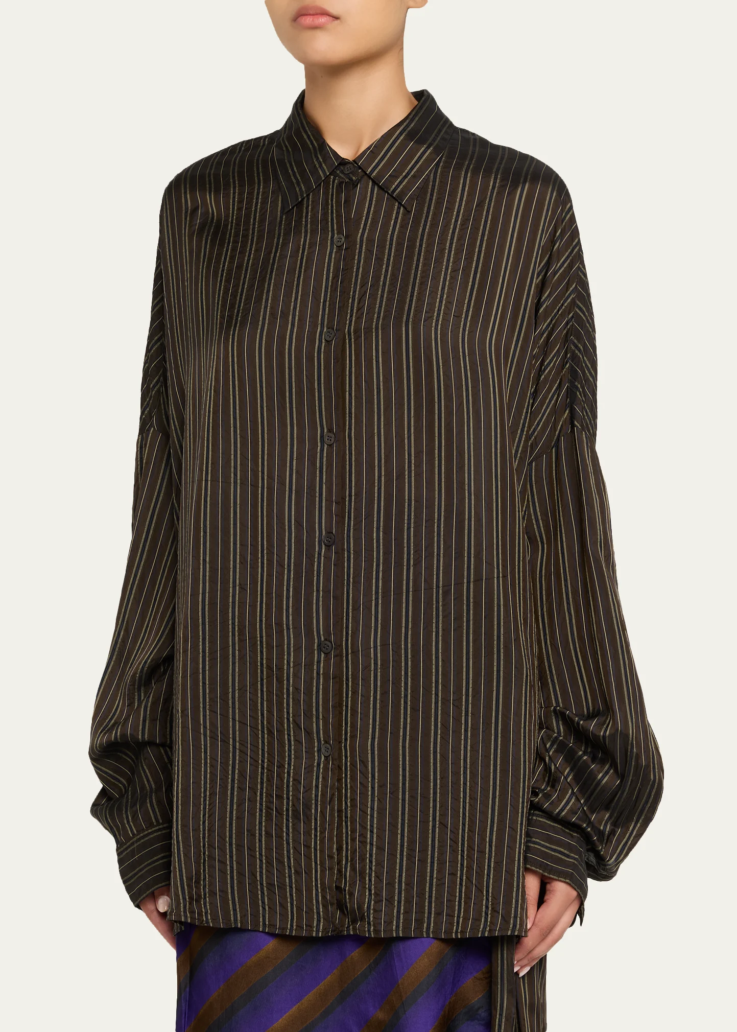 Casia Crinkled Stripe Button-Front Blouse
