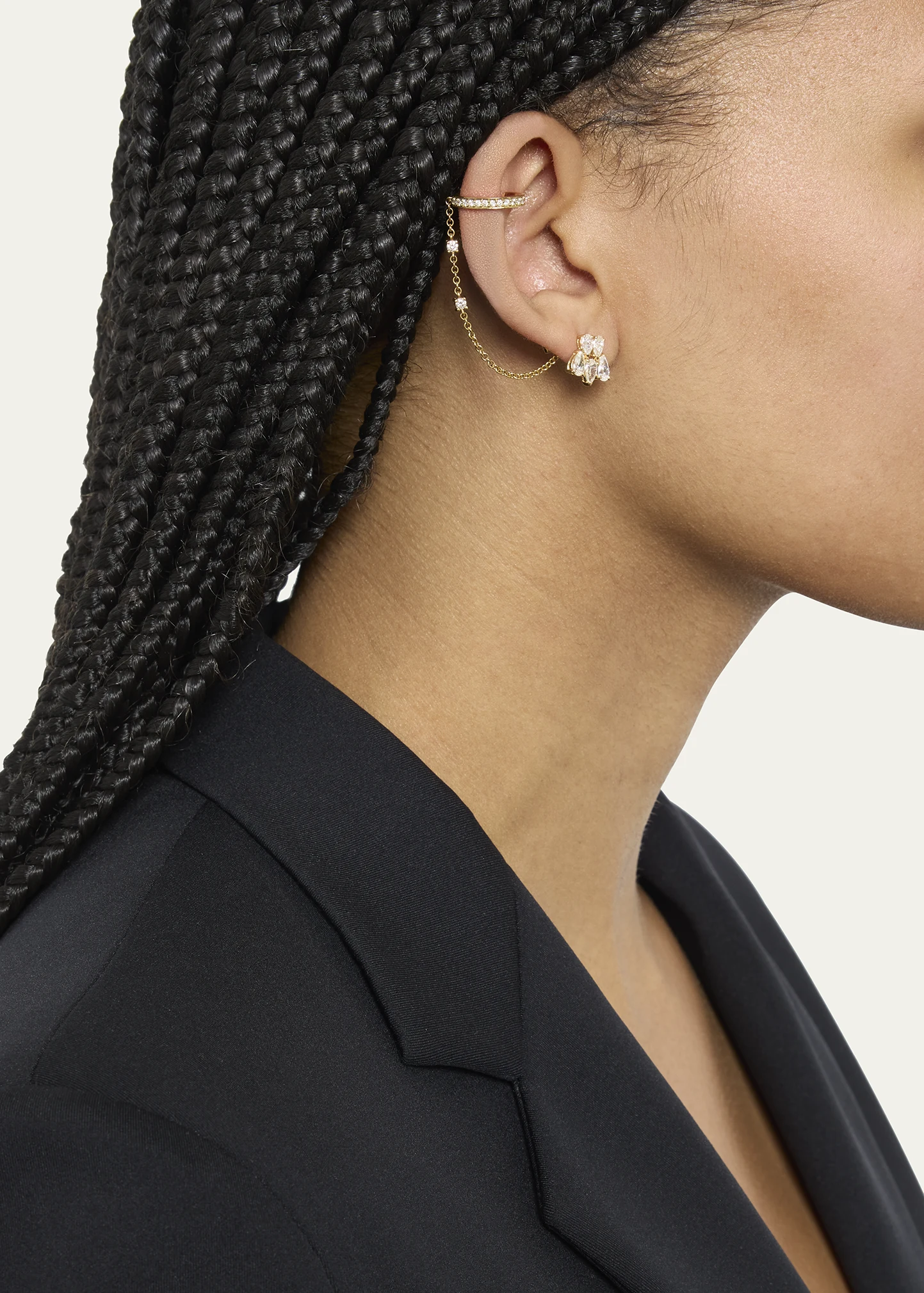 18k Yellow Gold Diamond Ear Cuff with Chain, Single