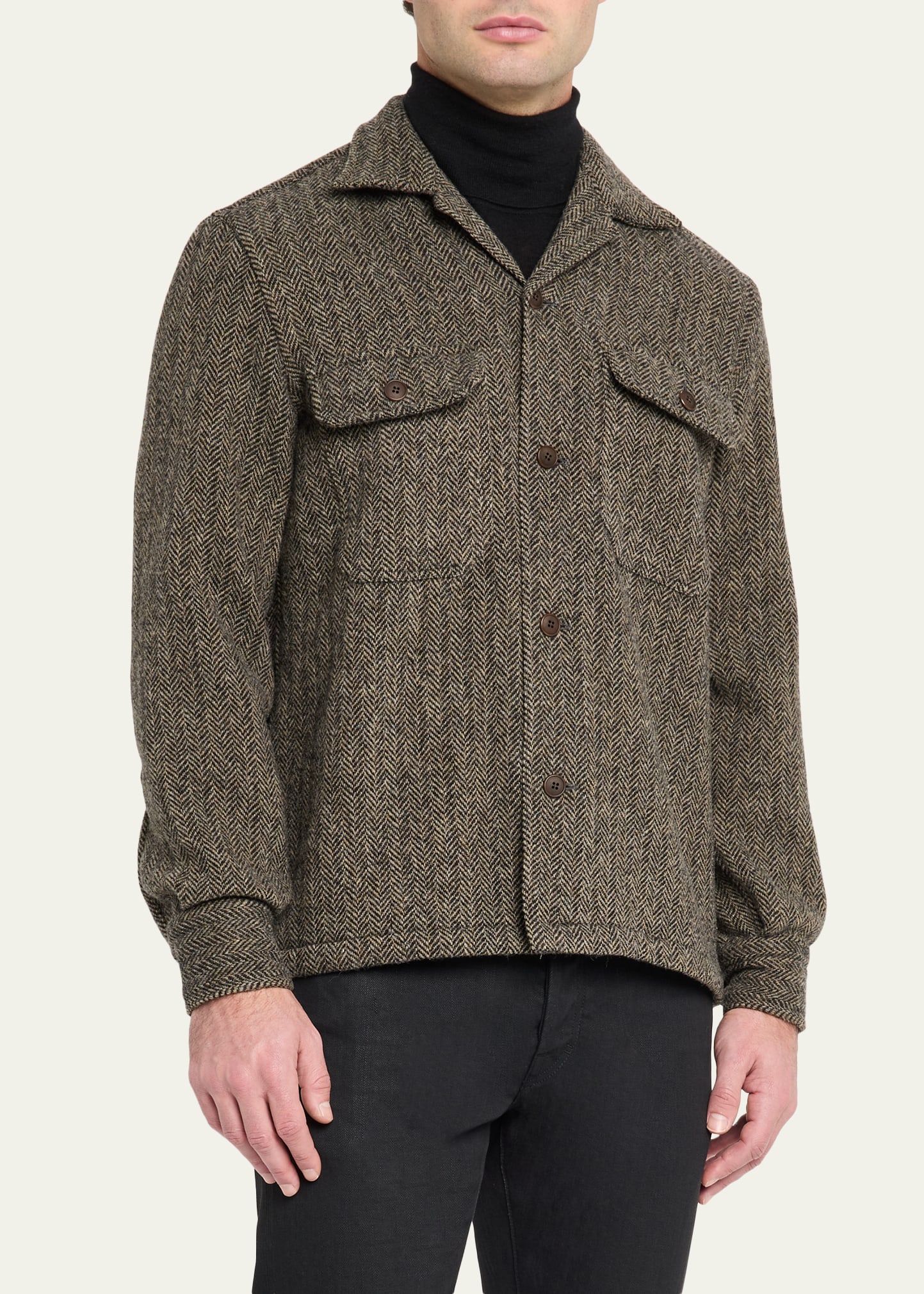 Men's Herringbone Wool Dual-Pocket Overshirt