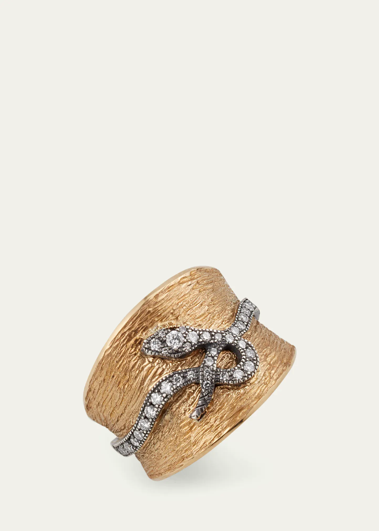 18K Yellow Gold and Oxidized Silver Snake Cigar Band Ring with Diamonds