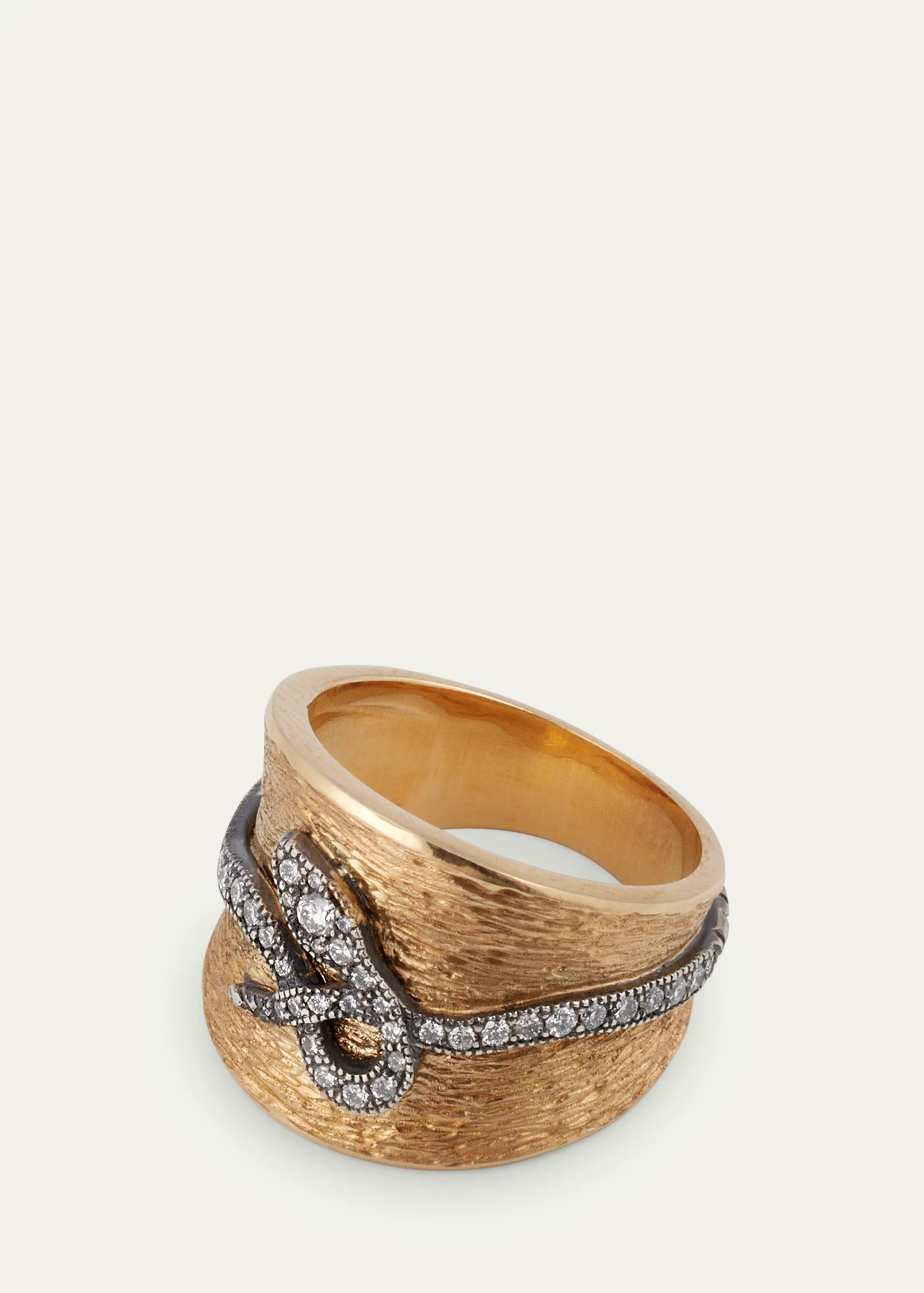 18K Yellow Gold and Oxidized Silver Snake Cigar Band Ring with Diamonds