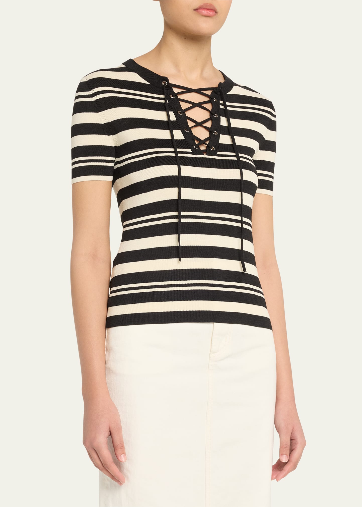 Oaklynn Stripe Lace-Up Silk T-Shirt