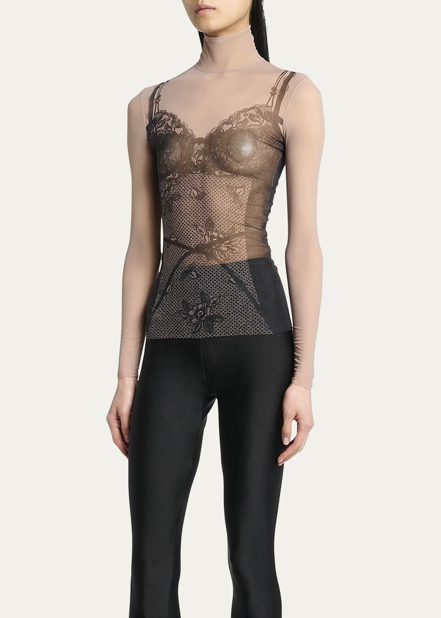 Lingerie Trompe L'oeil Mesh Turtleneck Top
