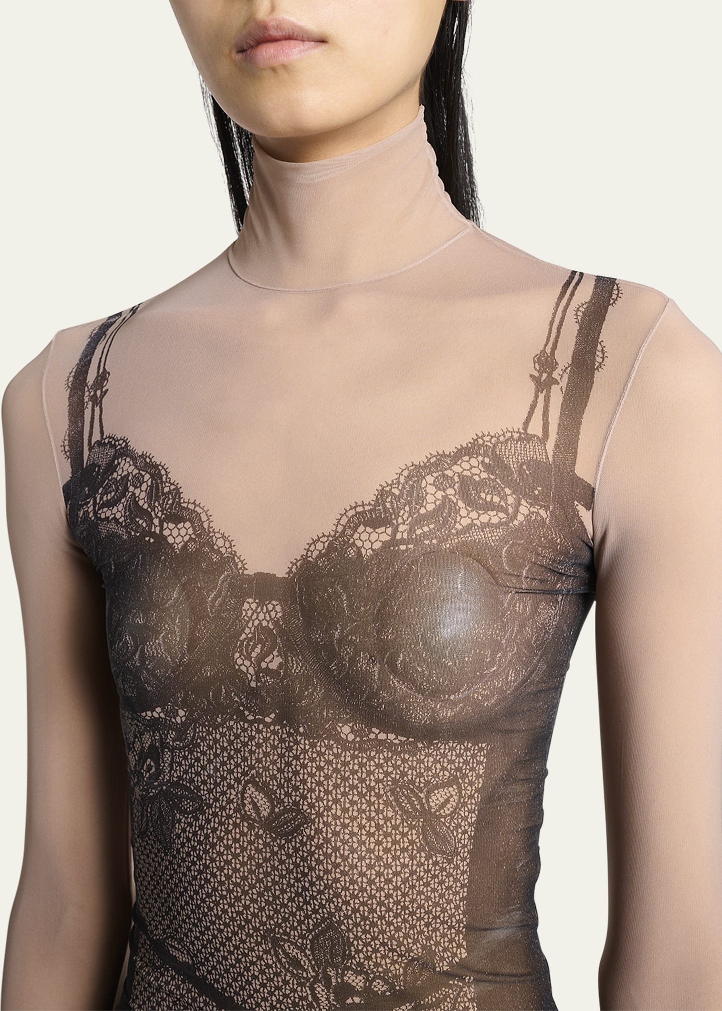 Lingerie Trompe L'oeil Mesh Turtleneck Top
