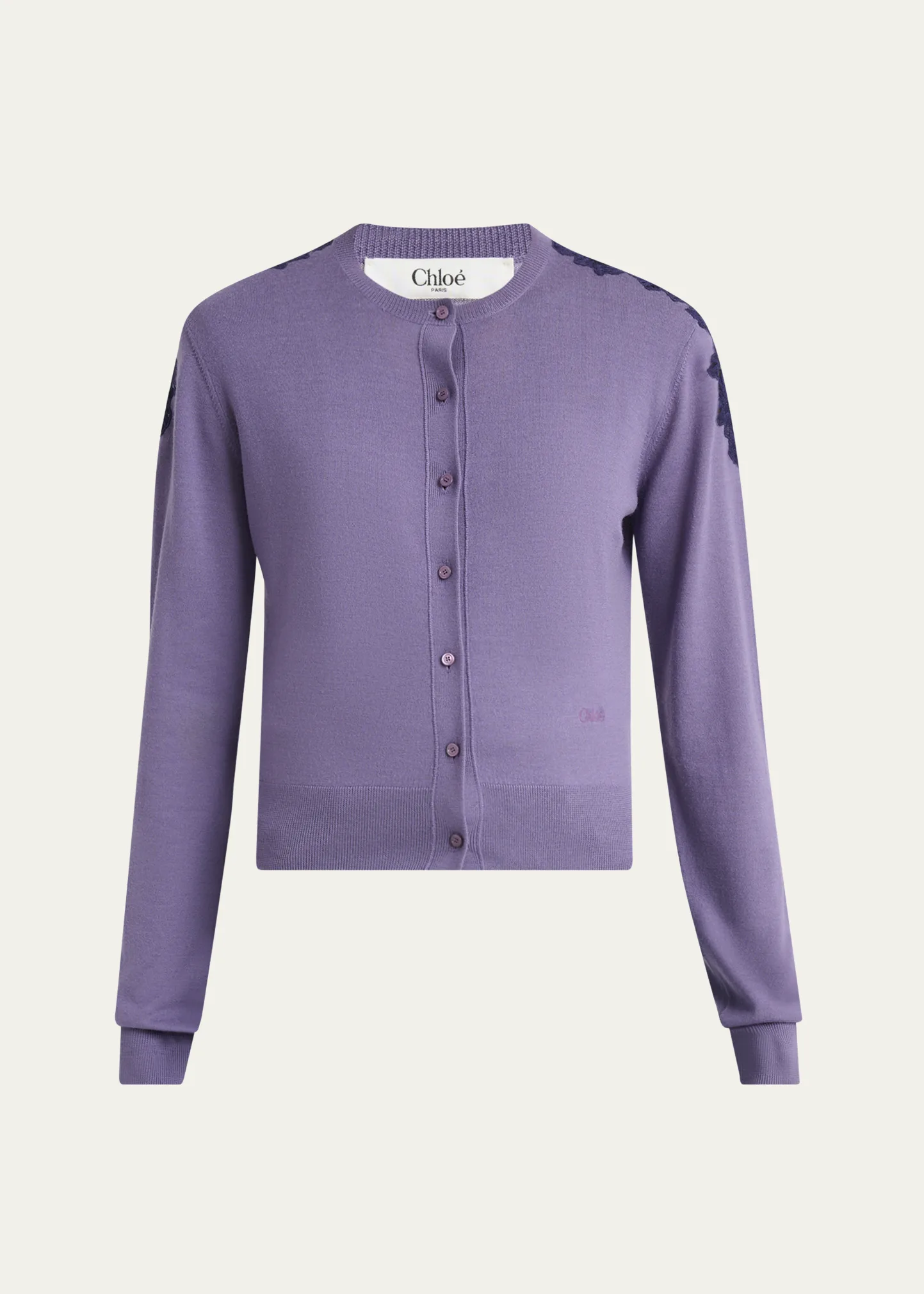 Guipure Lace-Trim Crewneck Knit Cardigan