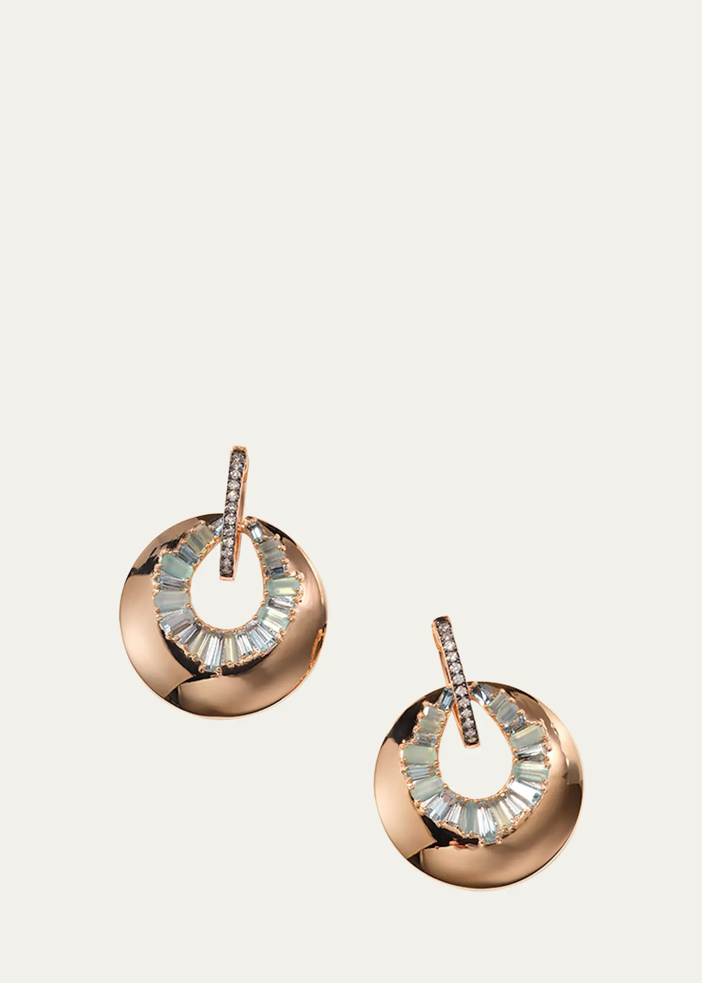 20K Rose Gold Aperature Earrings with Diamonds, Aquamarine and Peruvian Opal