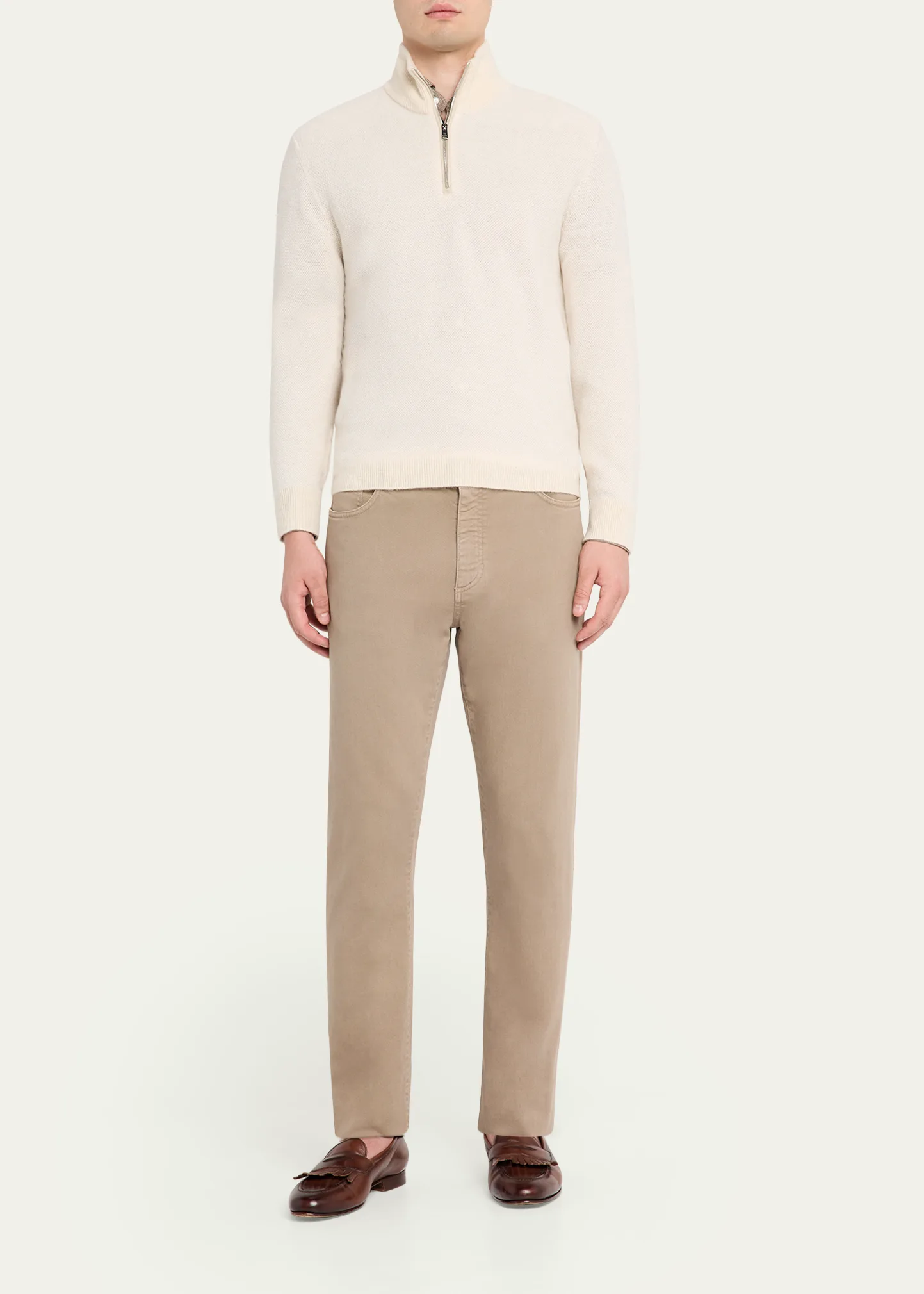 Men's Cashmere Birdseye Suede-Trim Quarter-Zip Sweater