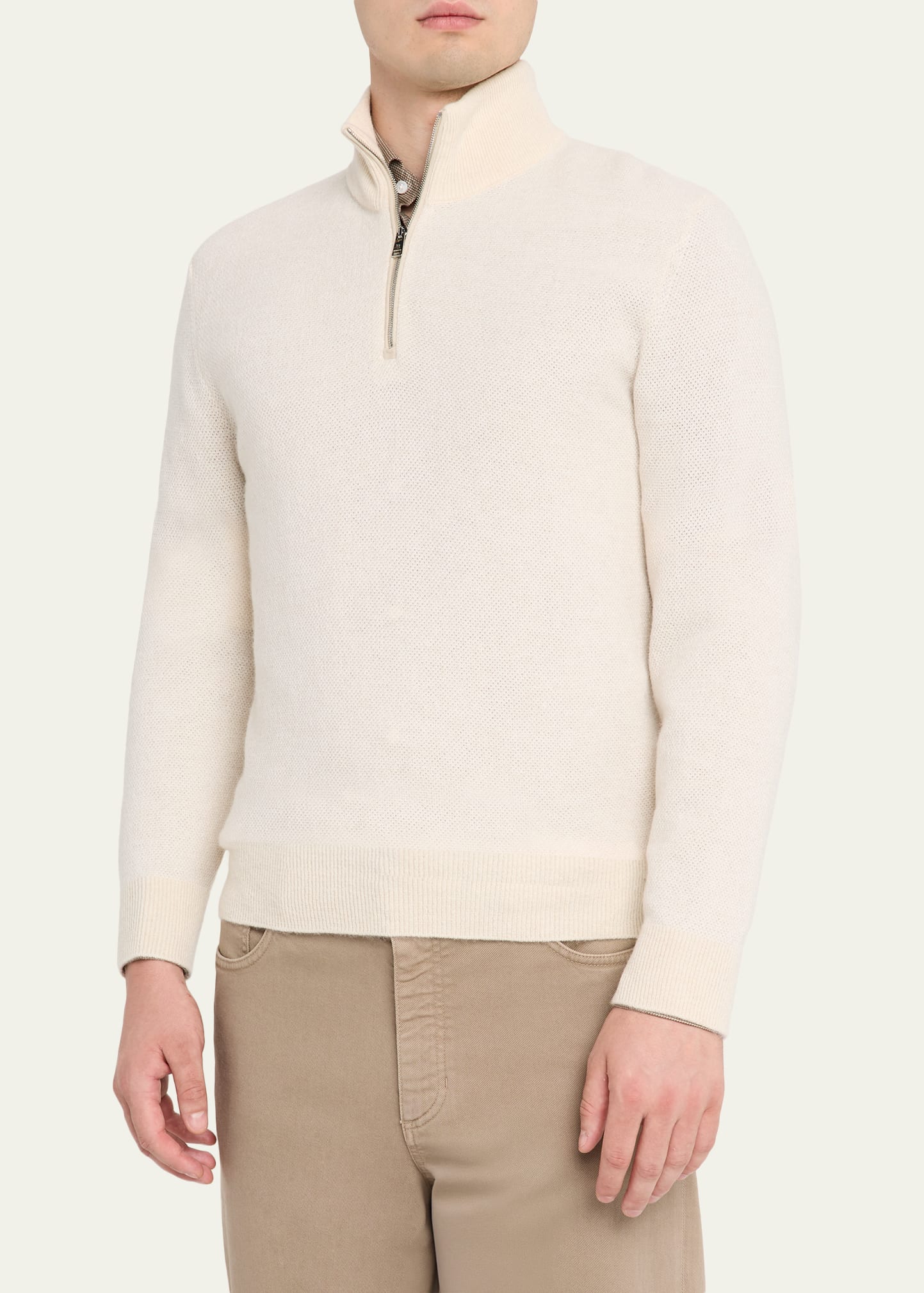Men's Cashmere Birdseye Suede-Trim Quarter-Zip Sweater