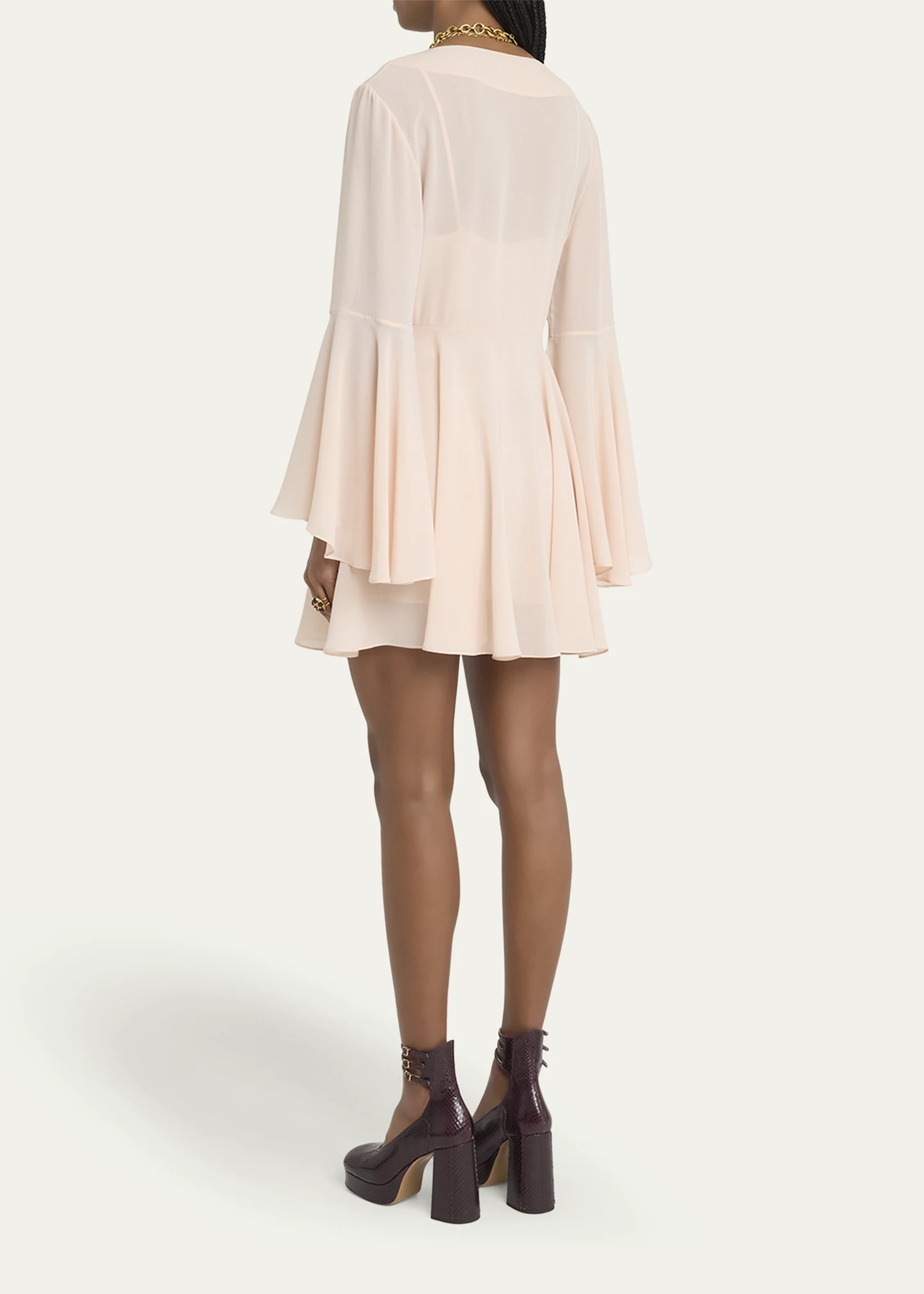 Silk Georgette Flare-Sleeve Mini Dress