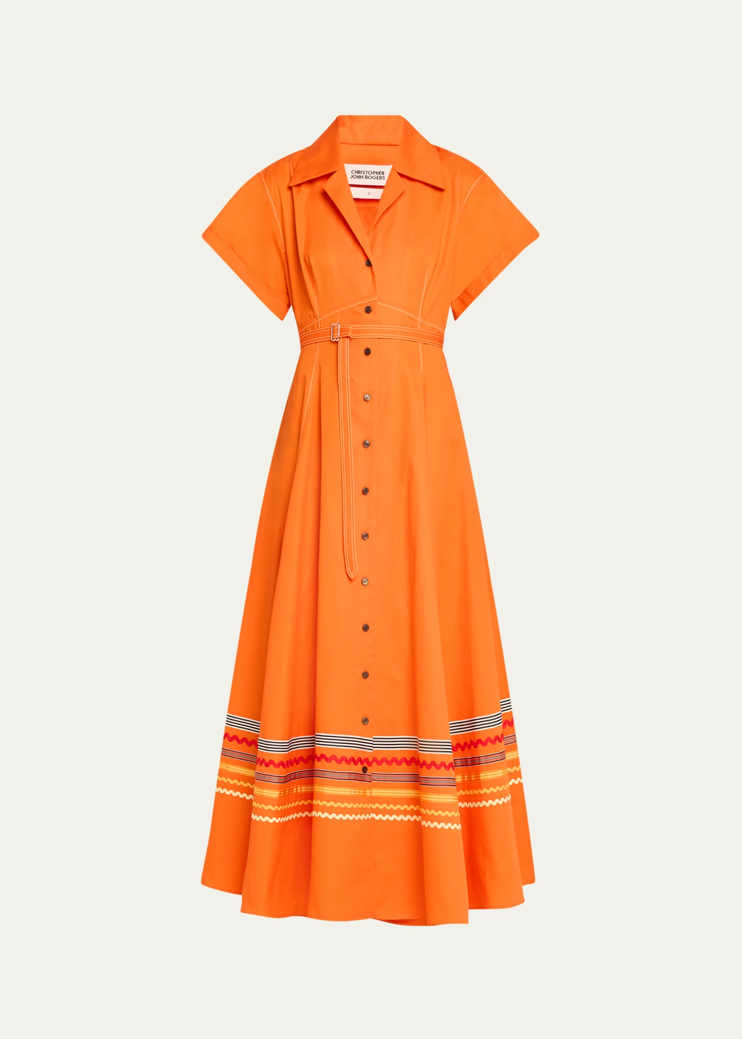 Embroidered Short Sleeve Belted Shirtdress