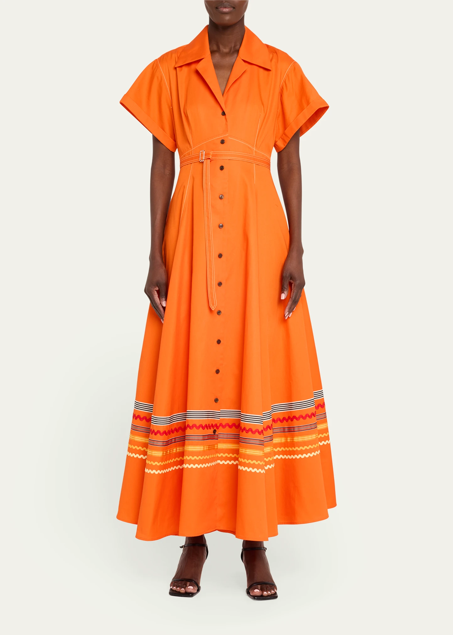 Embroidered Short Sleeve Belted Shirtdress