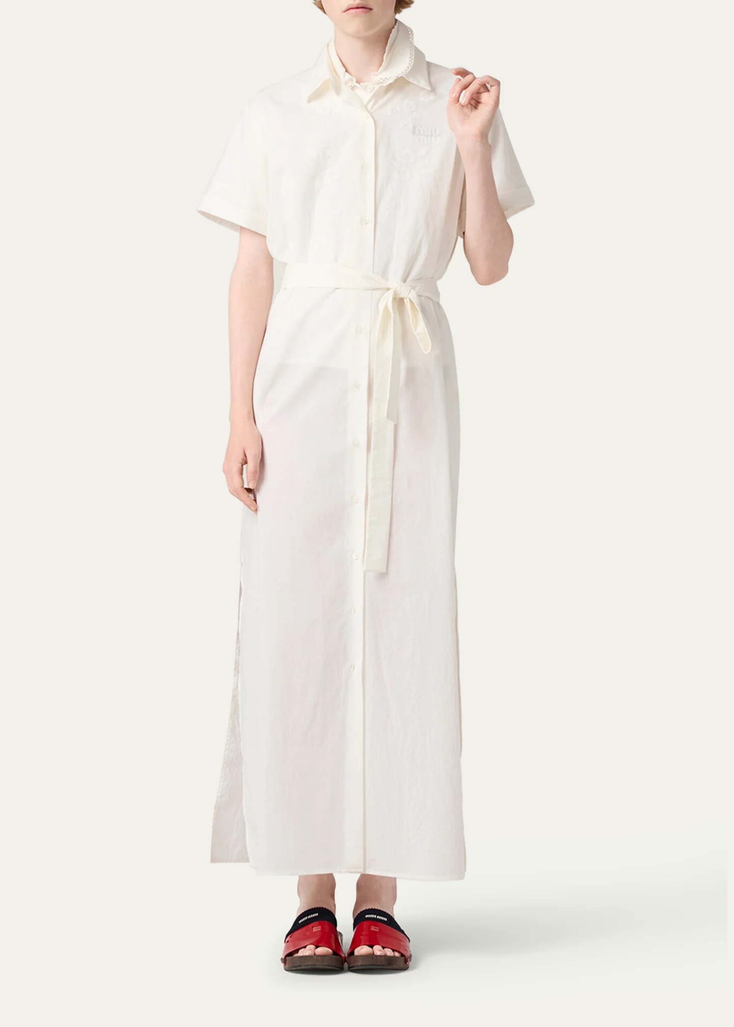 Batista Floral Embroidered Short-Sleeve Belted Maxi Shirtdress
