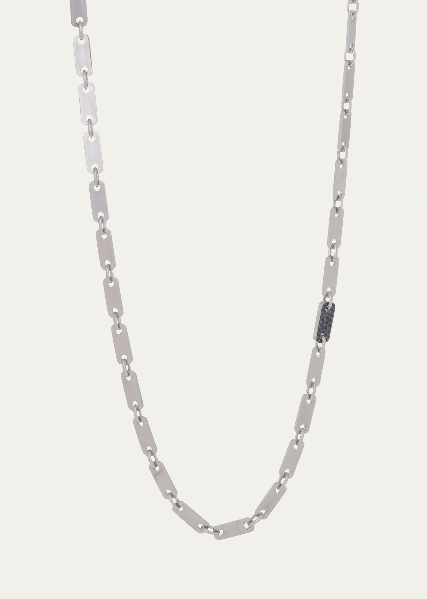 Men's 18K White Gold Flat Link Tab Chain Necklace with Black Diamond Pave