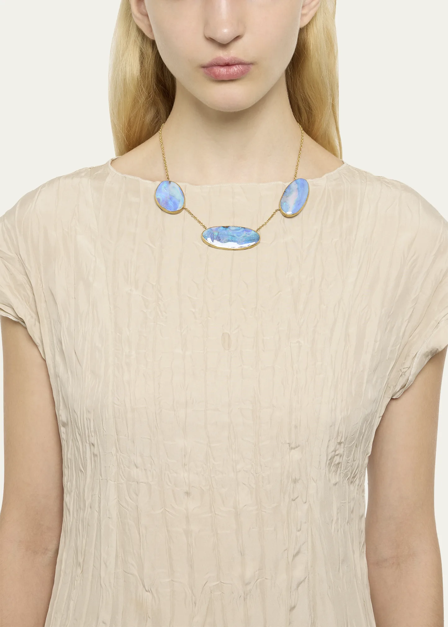 18K Gold and Silver Triple Boulder Opal Disk Necklace with 22K Yellow Gold Details, 18\"L