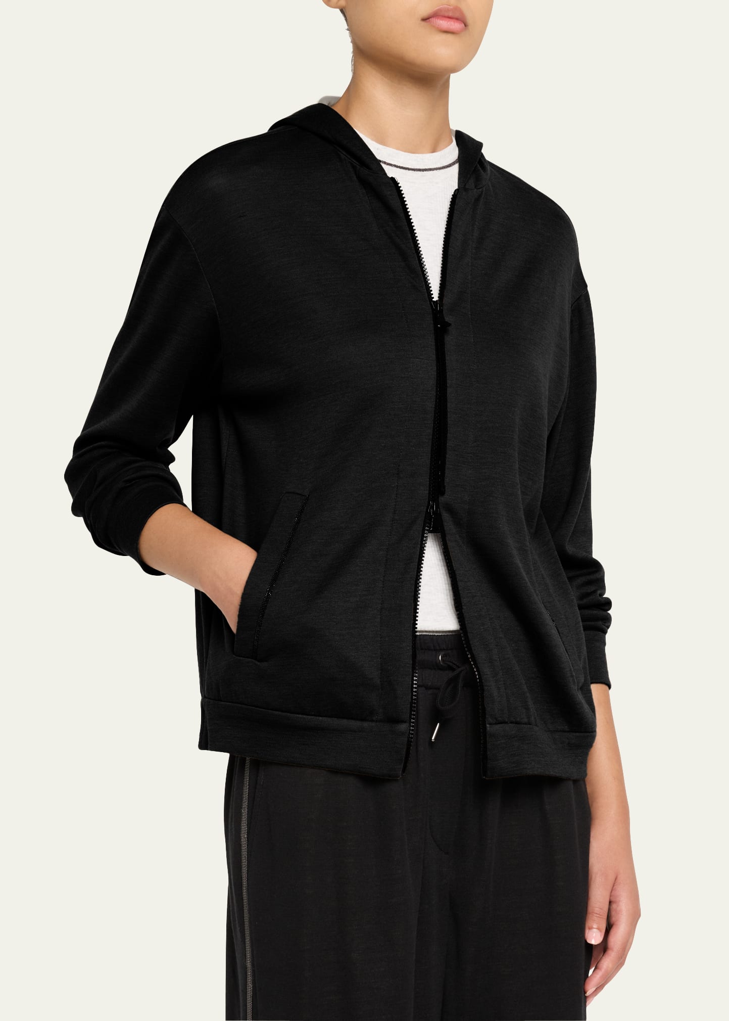Monili-Trim Cotton-Silk Felpa Zip Hooded Jacket