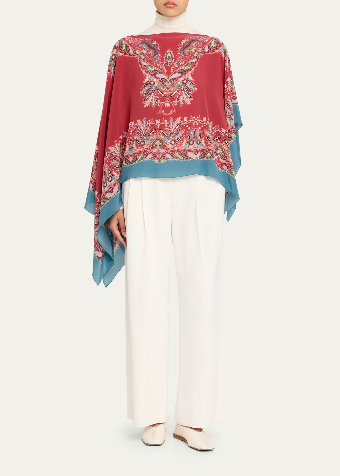 Asymmetric Paisley Silk Poncho