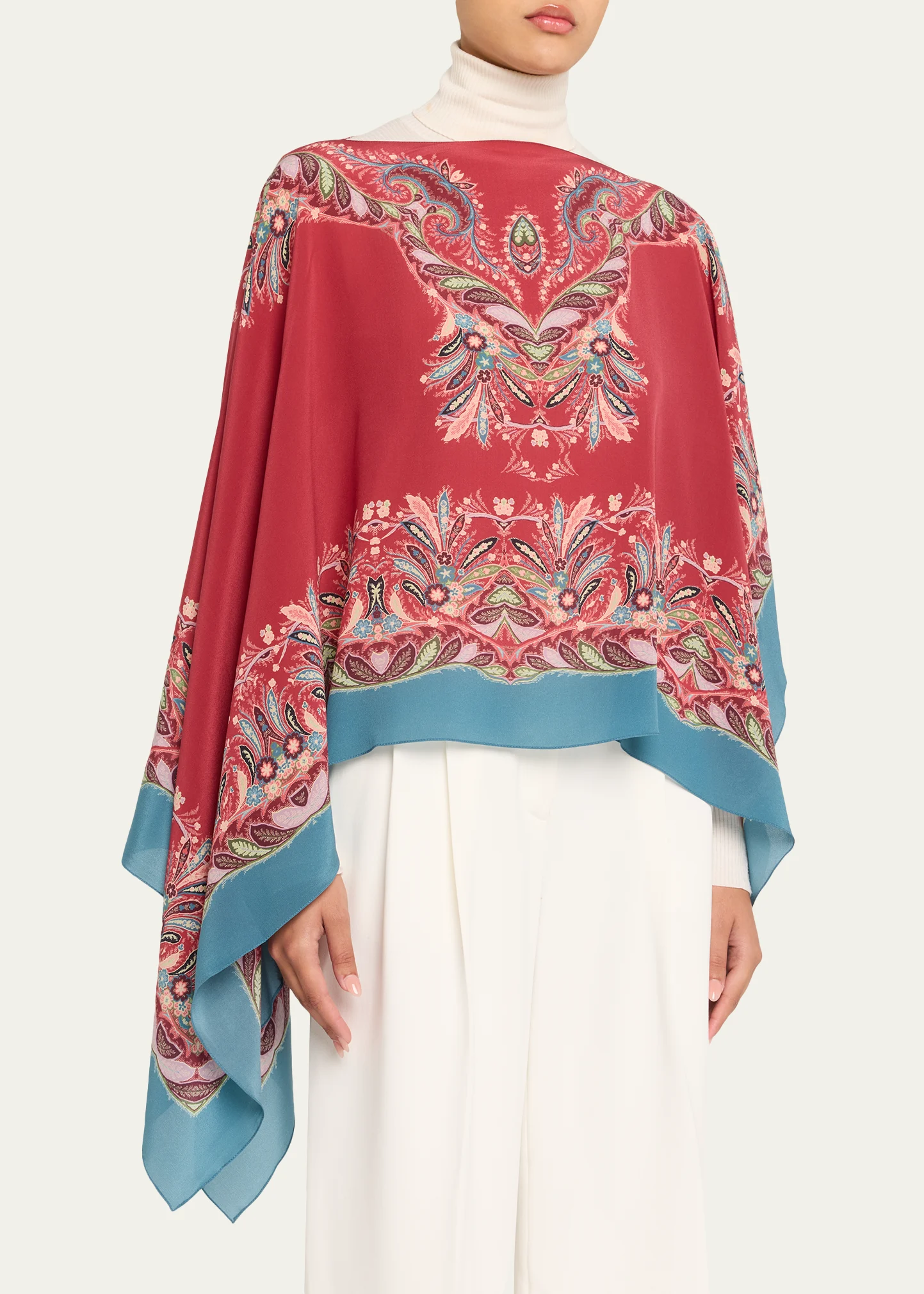 Asymmetric Paisley Silk Poncho