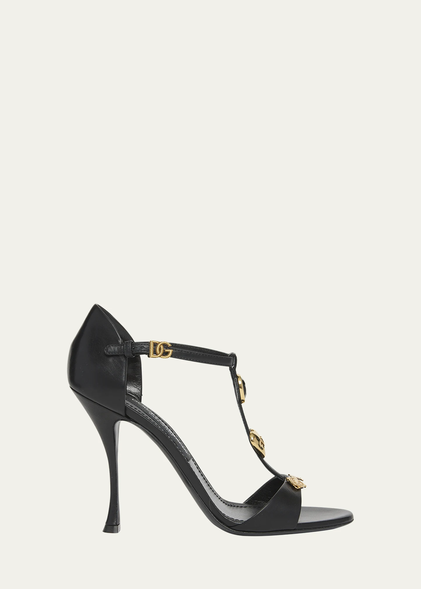 Stone Embellished Leather T-Strap Sandals