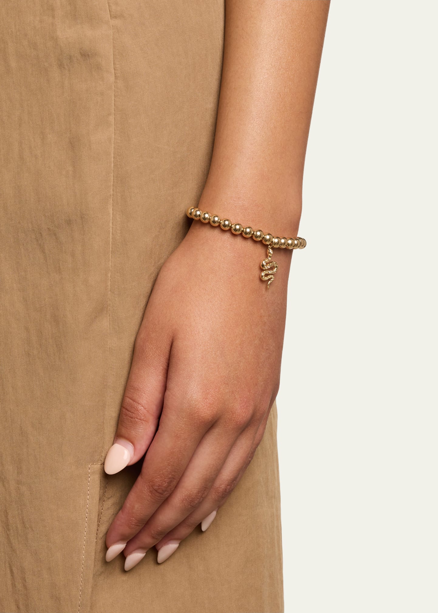 14K Yellow Gold Etched Snake Charm Bead Bracelet
